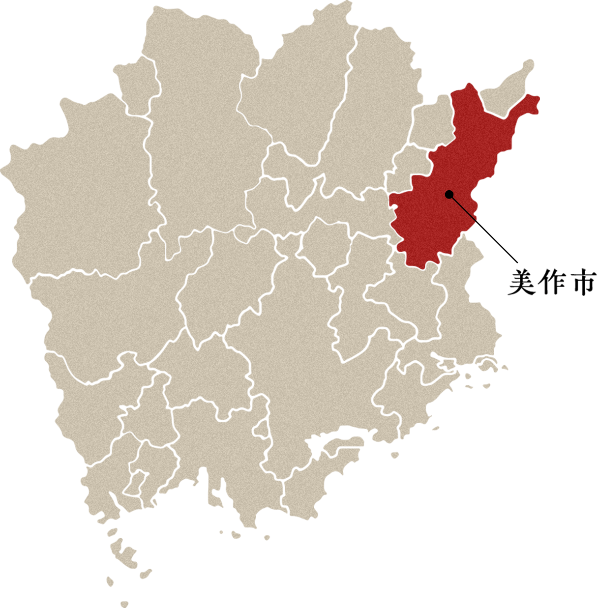 岡山県の地図。美作市が北東に位置していることがわかる。